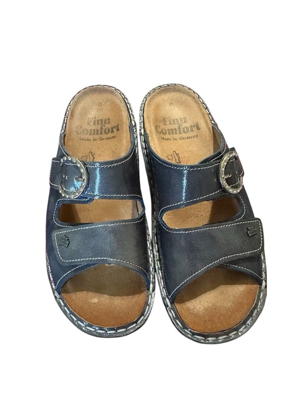 Finn Comfort Slide Sandals Women Size 7.5 Leather Metallic Blue Wedge Sansibar